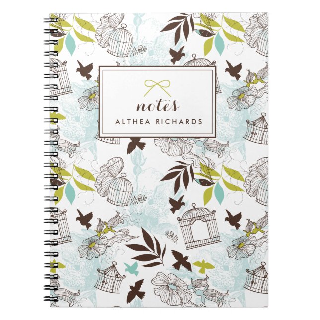 Birdcages Floral Pattern Personalised Notebook (Front)