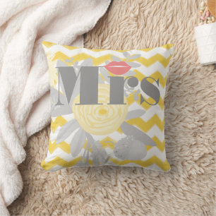 Birde Mrs Lips Grey Peach and Yellow Zig Zag Cushion