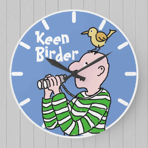 Birder Bird Watching with Bird on Head Large Clock