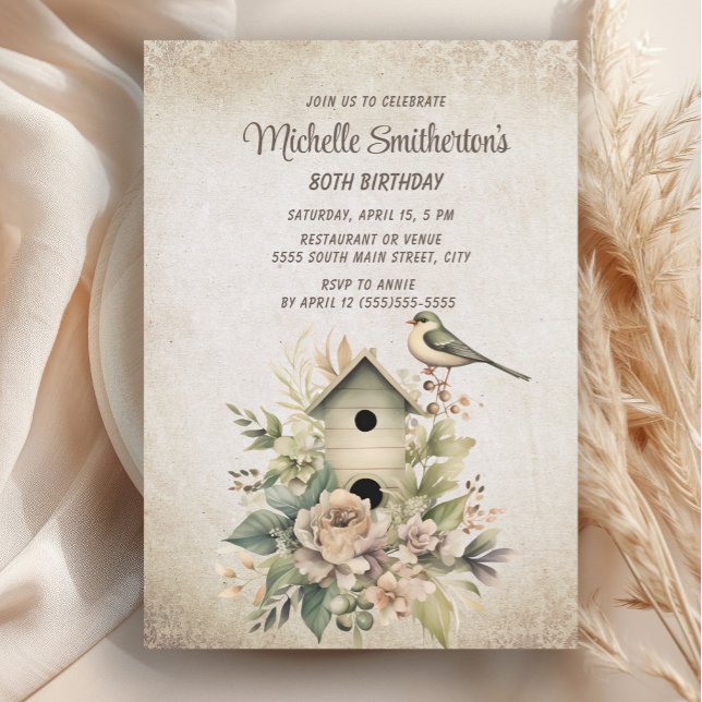 Birdhouse Botanical Nature 80th Birthday  Invitation (Rustic, vintage birdhouse women's 80th birthday party invitation)
