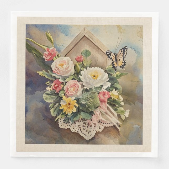 Birdhouse Bouquet - Paper Napkin (Front)