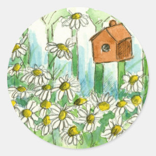 Birdhouse Daisy Garden Watercolor Flowers Classic Round Sticker