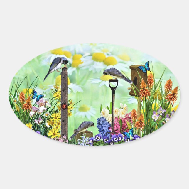 Birdhouse Flower Garden Oval Sticker (Front)