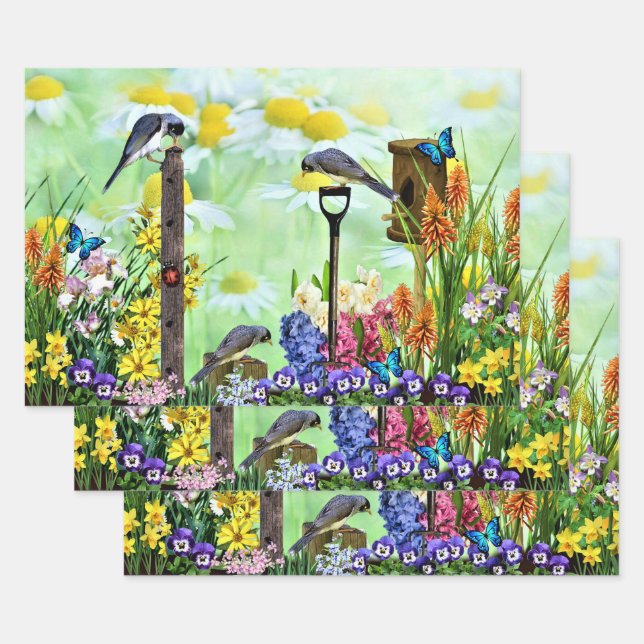 Birdhouse Flower Garden Wrapping Paper Sheet (Set)