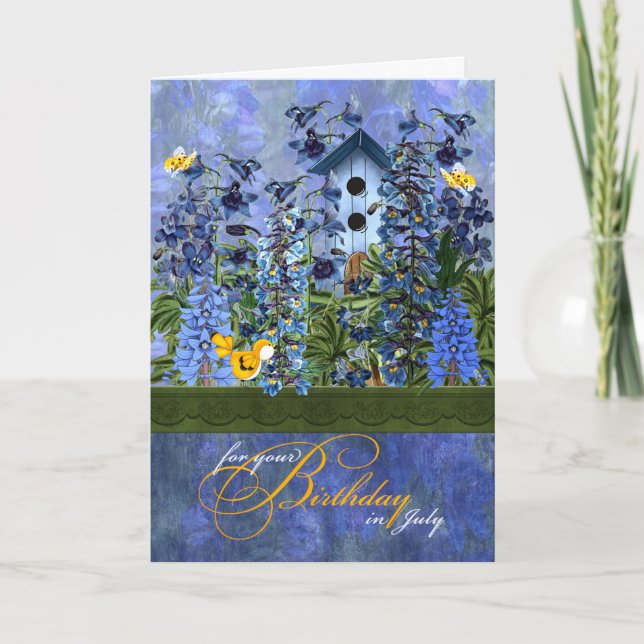 Birdhouse in a Larkspur Garden for July Birthday Card (Front)