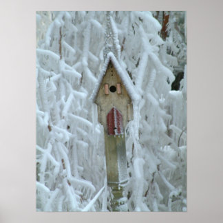 Birdhouse in ice encrusted tree poster
