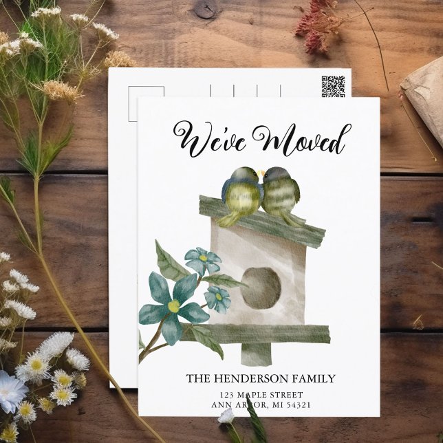 Birdhouse New Home Moving Announcement Postcard (Birdhouse with love birds we've moved moving cards.)