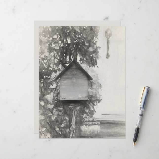 Birdhouse Vintage Rustic Black And White Sketch (Front/Back In Situ)