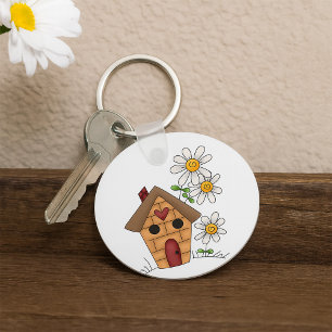 Birdhouse with Daisies and Heart Folk Art Key Ring