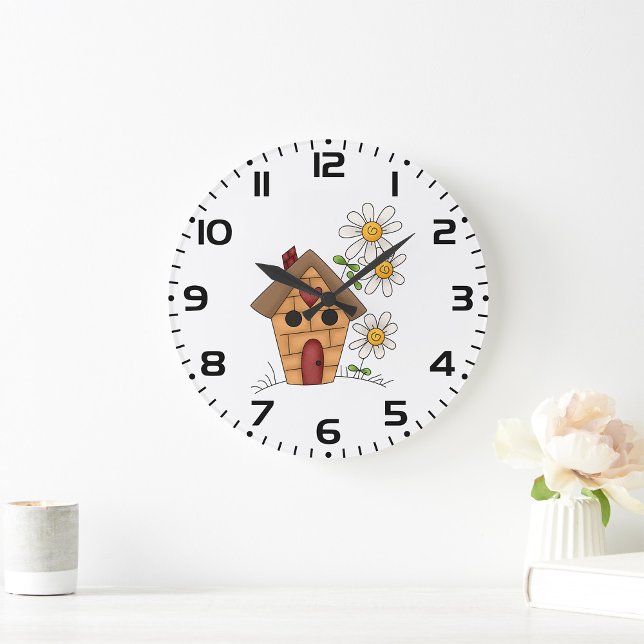 Birdhouse with Daisies and Heart Folk Art Large Clock (Creator Uploaded)