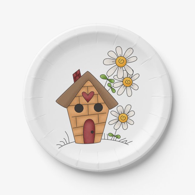 Birdhouse with Daisies and Heart Folk Art Paper Plate (Front)