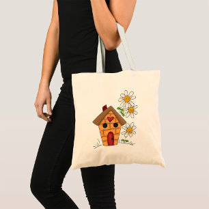 Birdhouse with Daisies and Heart Folk Art Tote Bag