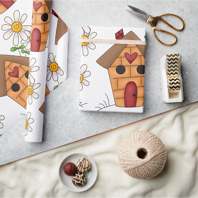 Birdhouse with Daisies and Heart Folk Art Wrapping Paper (Creator Uploaded)