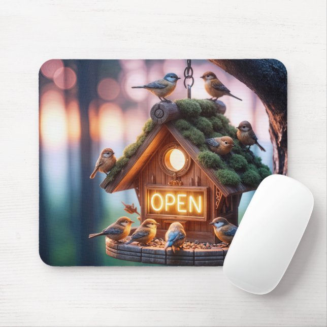 Birdhouse With Neon Open Sign Mouse Mat (With Mouse)