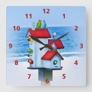 Birdhouse with Parrots and Parakeets Square Wall Clock