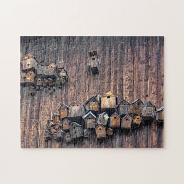 Birdhouses on a wooden wall, fun and tricky   jigsaw puzzle (Horizontal)