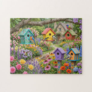 Birdhouses, Vibrant Birds and Blooming Flowers Jigsaw Puzzle