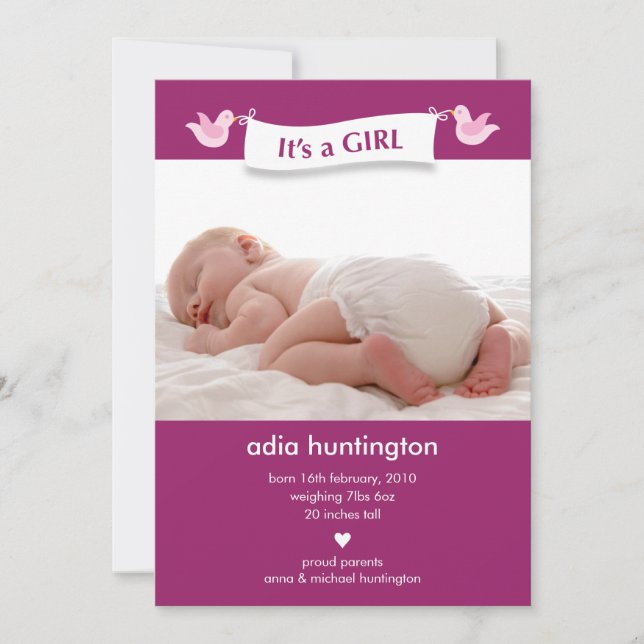 Birdie Banner Baby Photo Birth Announcement (Front)