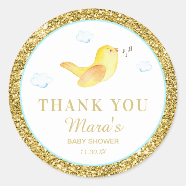 *~* Birdie Glitter Sky Baby Shower Thank You Classic Round Sticker (Front)