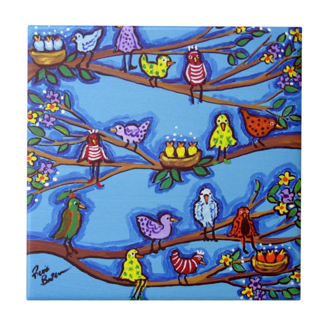 Birdies and Blossoms Whimsical Folk Art Tile (Front)