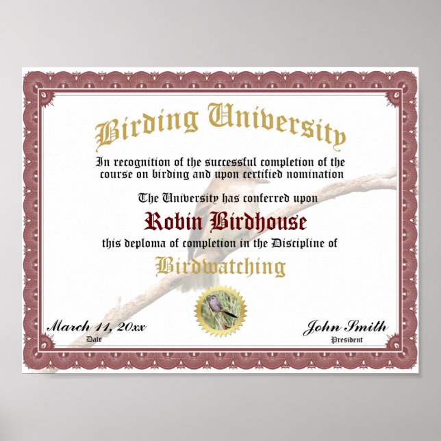 Birding Completion Diploma Certificate Award Poster (Front)