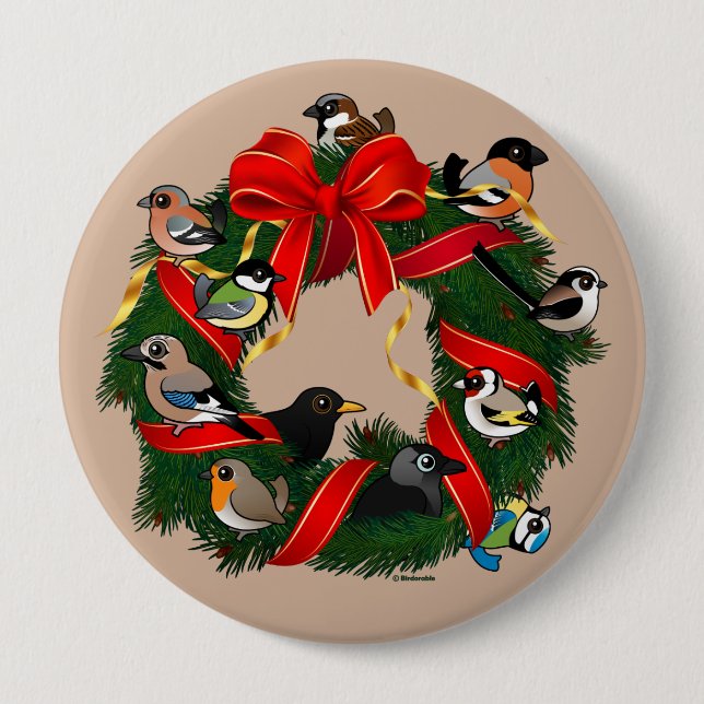 Birdorable European Garden Birds Christmas Wreath 10 Cm Round Badge (Front)