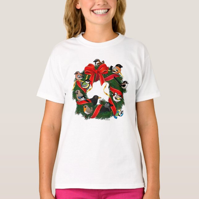 Birdorable European Garden Birds Christmas Wreath T-Shirt (Front)