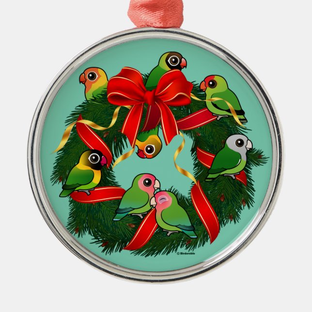 Birdorable Lovebirds Christmas Wreath Metal Tree Decoration (Front)