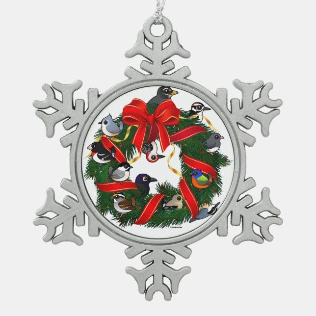 Birdorable NA Backyard Birds Christmas Wreath Snowflake Pewter Christmas Ornament (Front)