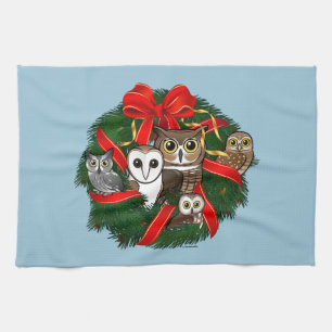 Birdorable Owls Christmas Wreath Tea Towel