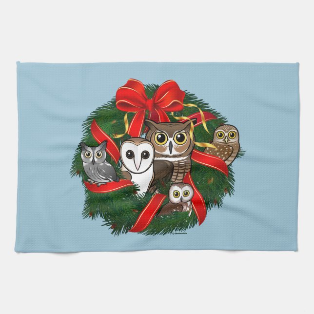 Birdorable Owls Christmas Wreath Tea Towel (Horizontal)