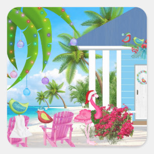 Birds and Beach House Tropical Christmas Holiday Square Sticker