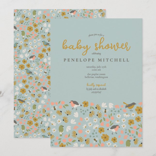Birds and Bees Floral Baby Shower  Invitation (Front/Back)