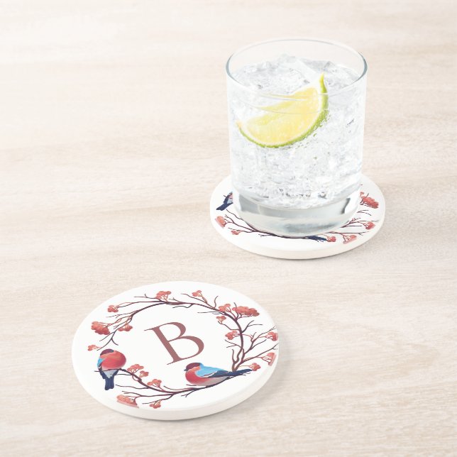 Birds and Berries Wreath Monogram Coaster (Side)