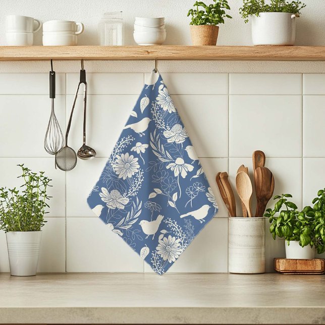 Birds and Blossoms Blue & Cream  Tea Towel (Creator Uploaded)
