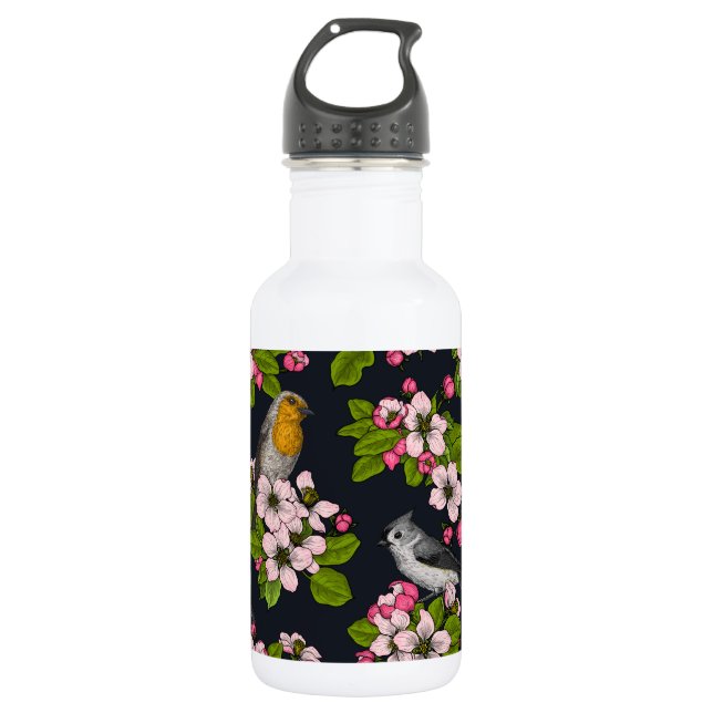 Birds and Blossoms on black 532 Ml Water Bottle (Front)