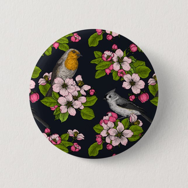 Birds and Blossoms on black 6 Cm Round Badge (Front)