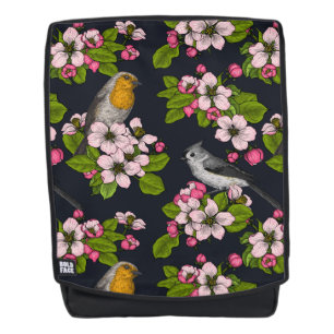 Birds and Blossoms on black Backpack