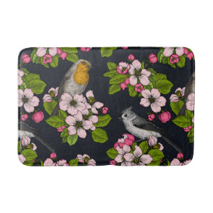 Birds and Blossoms on black Bath Mat