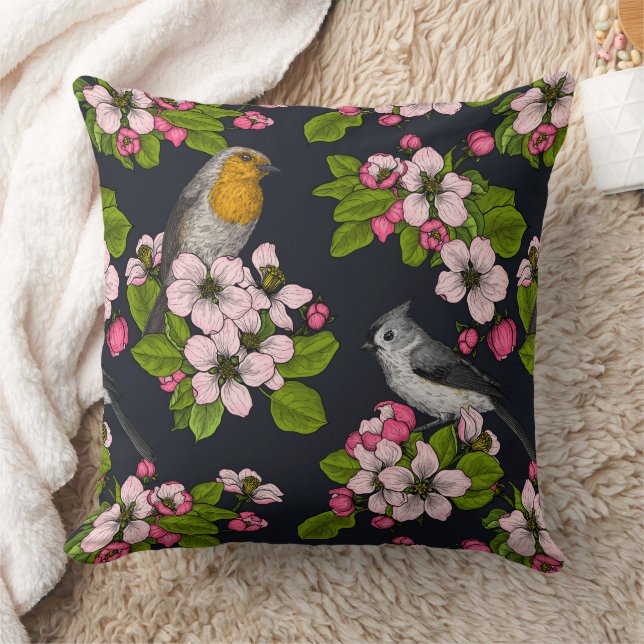 Birds and Blossoms on black Cushion (Blanket)