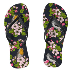 Birds and Blossoms on black Flip Flops