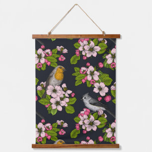 Birds and Blossoms on black Hanging Tapestry