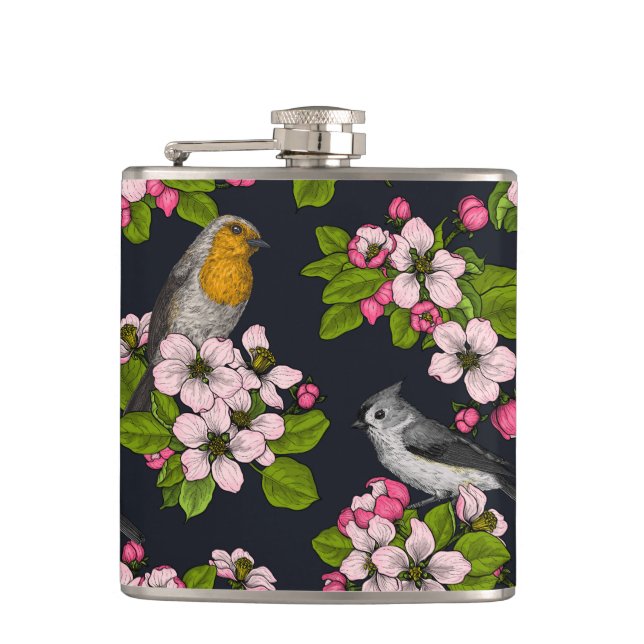 Birds and Blossoms on black Hip Flask (Front)