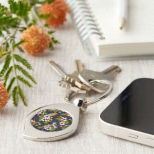 Birds and Blossoms on black Key Ring