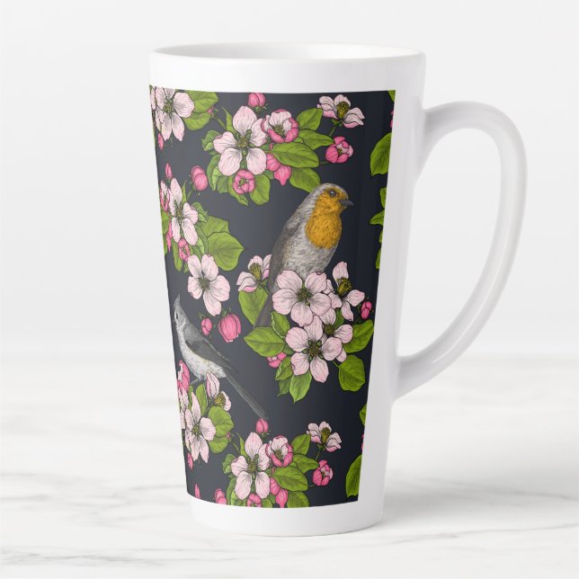Birds and Blossoms on black Latte Mug (Right)