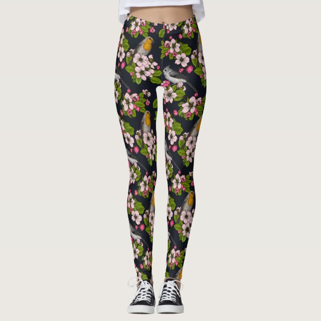 Birds and Blossoms on black Leggings (Front)