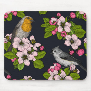 Birds and Blossoms on black Mouse Mat