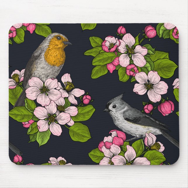Birds and Blossoms on black Mouse Mat (Front)