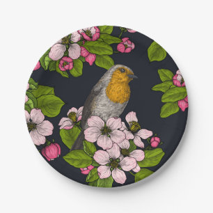 Birds and Blossoms on black Paper Plate