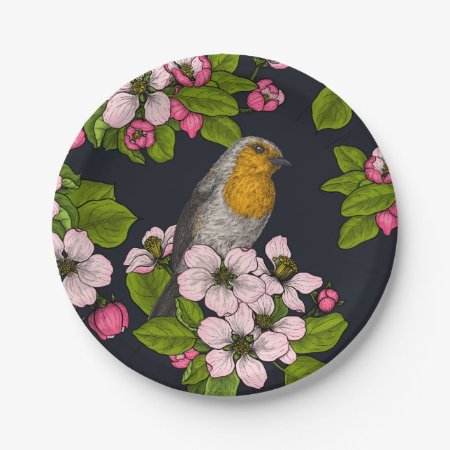 Birds and Blossoms on black Paper Plate (Front)